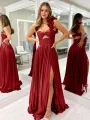 Wallis | A-Line Fuchsia One Shoulder Keyhole Pleated Metallic Prom Dress with Slit(Burgundy,2)