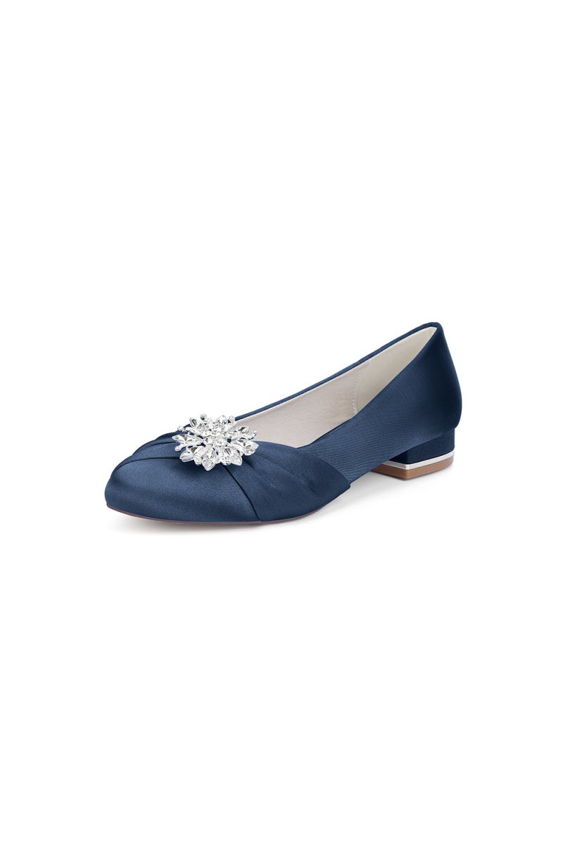 Navy Blue Flat Shoes with Crystal Flower Decoration