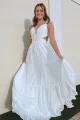 White Ruffle Straps Pleated Cut-Out Deep V Long Prom Dress(White,2)