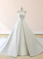 White Satin Cap Sleeve Lace-Up Wedding Dress With Pearls