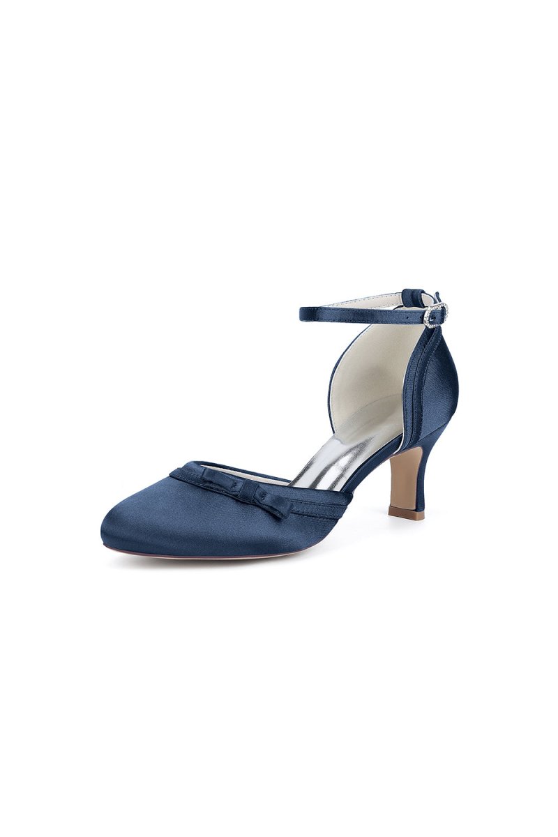 Navy Blue Satin High Heels with Bow Accent