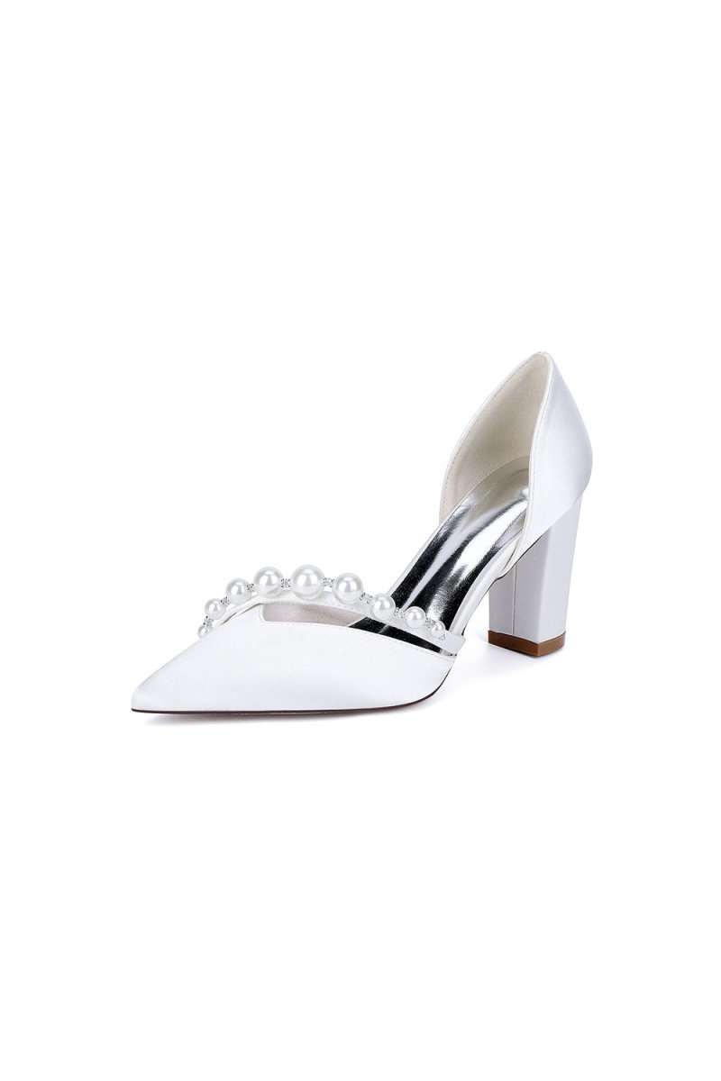 White Satin High Heels with Pearl Embellishments