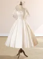White Satin Square Neck Short Sleeve Lace Up Wedding Dress