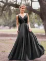 Wrap Satin A-Line Floor Length Evening Dress(Black,2)